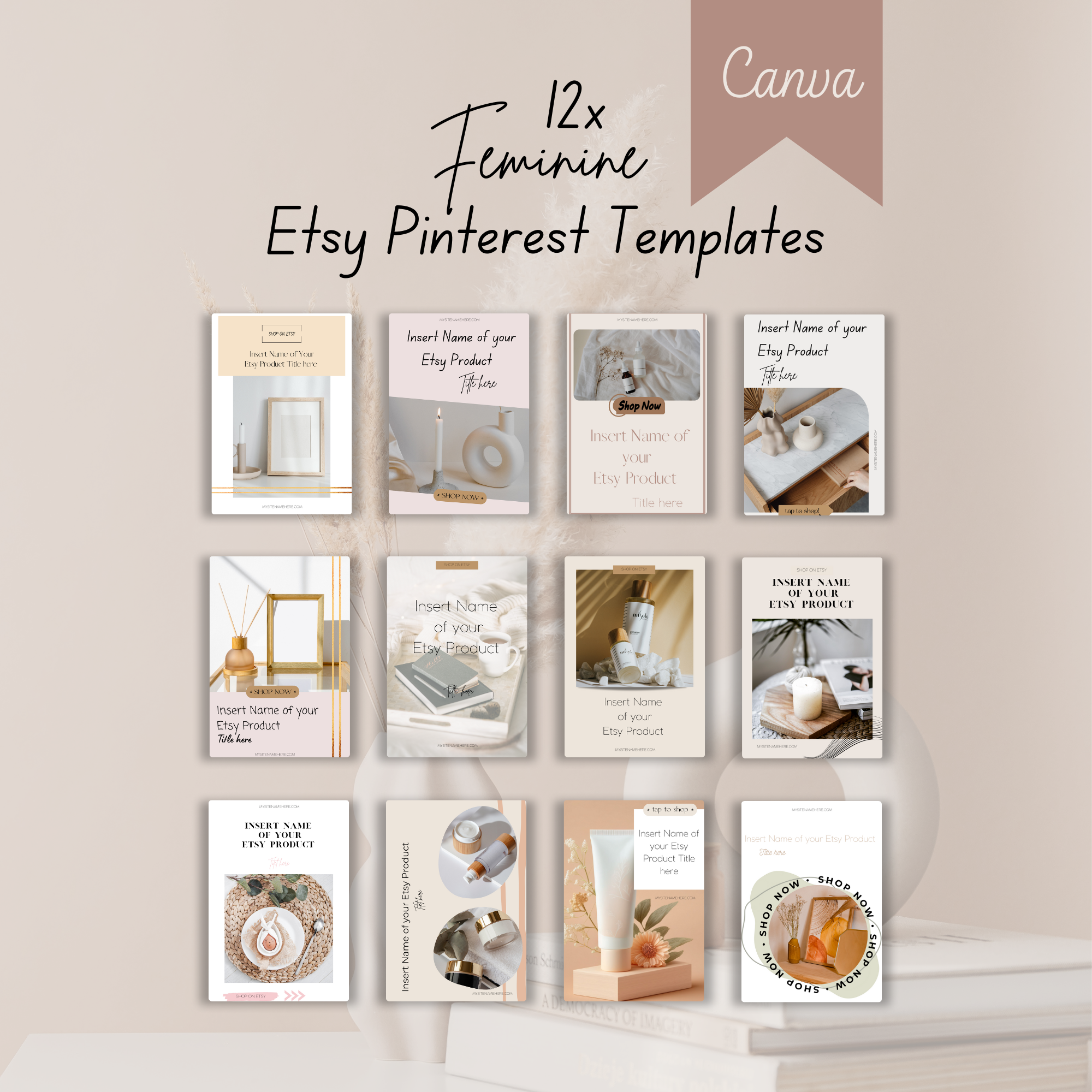 12 Pinterest Templates for Canva | Feminine Brand Pinterest Templates | Fully customizable Pinterest Templates for Canva | Branding